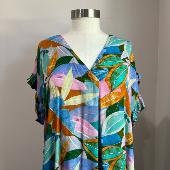 UMGEE Multicolored Leaf Print 100% Rayon V Neck Short Sleeve Dress Size M - Picture 8 of 8